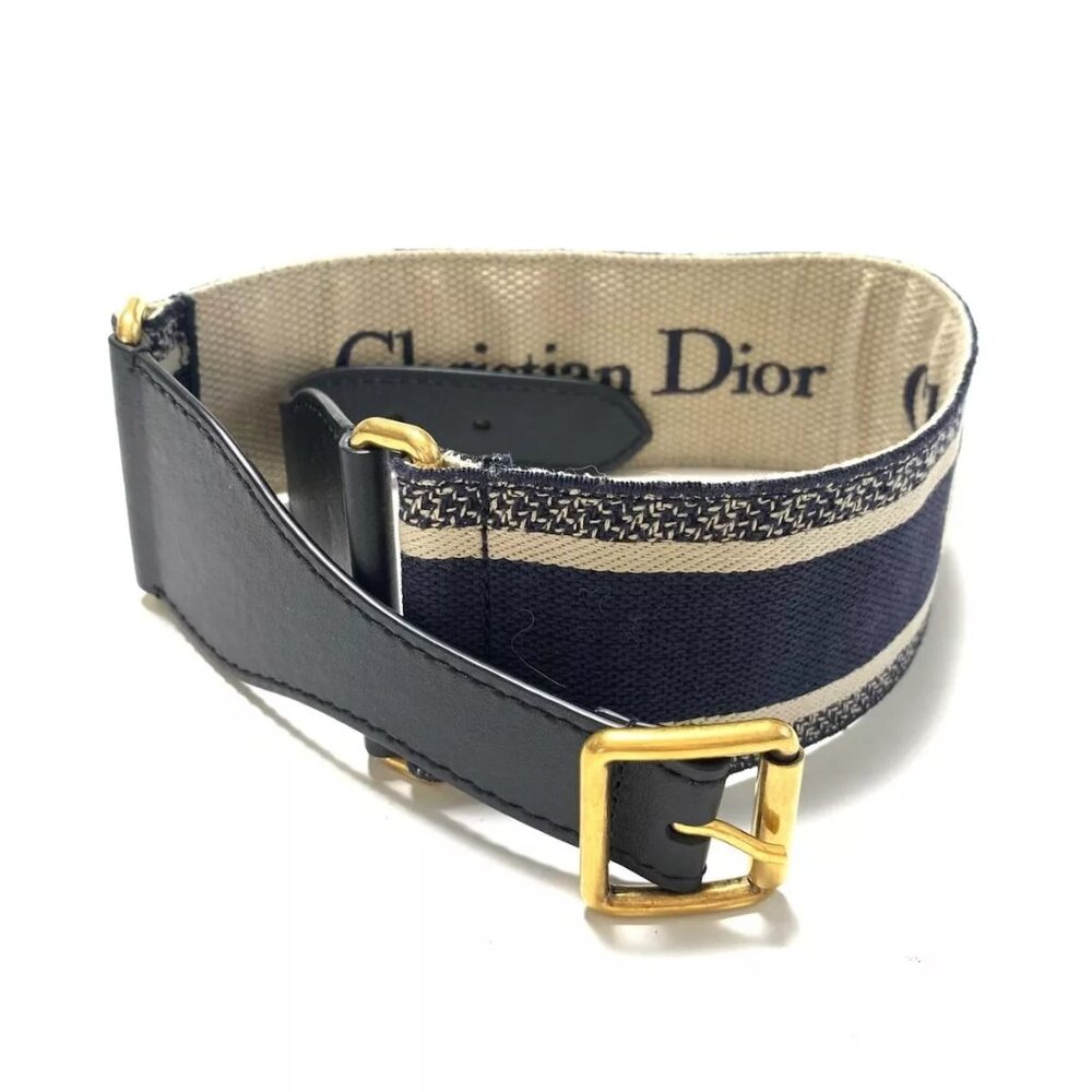 Auth Christian Dior Dark Navy Cream Jacquard Leather Hardware Belt 433-113024 - Picture 1 of 4